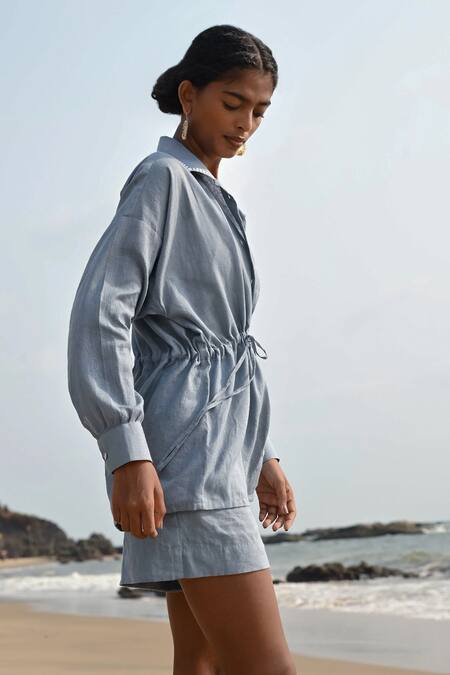 Shop Nirvanaa Blue Linen Embroidery Collared Jade String Shirt Online at Aza Fashions Shop Nirvanaa_Blue Linen Embroidery Collared Jade String Shirt _Online_at_Aza_Fashions