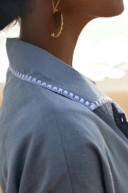 Buy Shop Nirvanaa Blue Linen Embroidery Collared Jade String Shirt Online at Aza Fashions Buy_Shop Nirvanaa_Blue Linen Embroidery Collared Jade String Shirt _Online_at_Aza_Fashions
