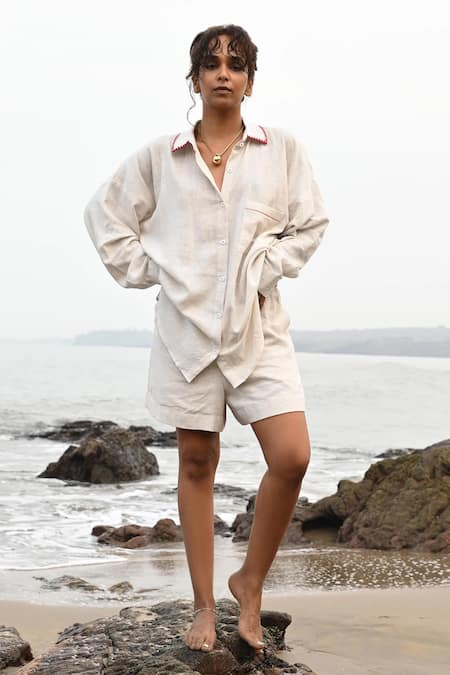 Buy_Shop Nirvanaa_Beige Linen Embroidery, Patchwork Collared Stella Work Detailed Shirt _Online_at_Aza_Fashions