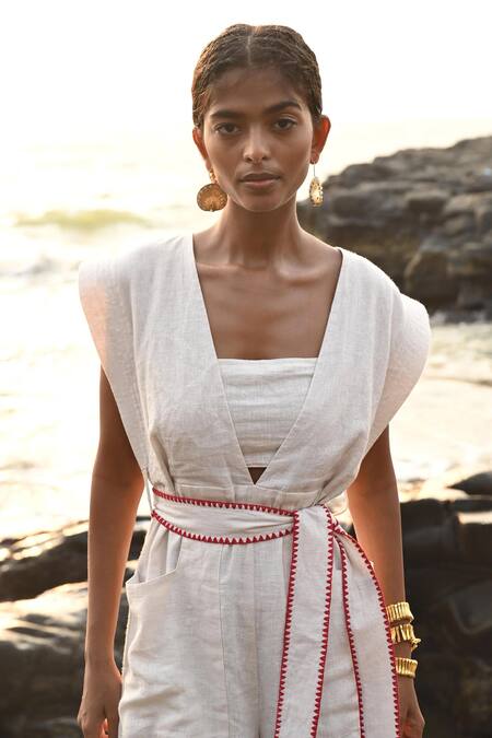 Buy Shop Nirvanaa Beige Linen Embroidery V-neck Kai Playsuit With Bralette Online at Aza Fashions Buy_Shop Nirvanaa_Beige Linen Embroidery V-neck Kai Playsuit With Bralette _Online_at_Aza_Fashions