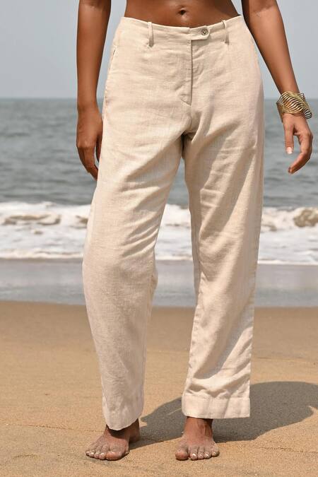 Shop Nirvanaa_Beige 100% Linen Solid Leah Pant _Online_at_Aza_Fashions