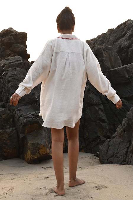 Shop Shop Nirvanaa Beige Linen Embroidery Collared Irena Shirt at Aza Fashions Shop_Shop Nirvanaa_Beige Linen Embroidery Collared Irena Shirt _at_Aza_Fashions