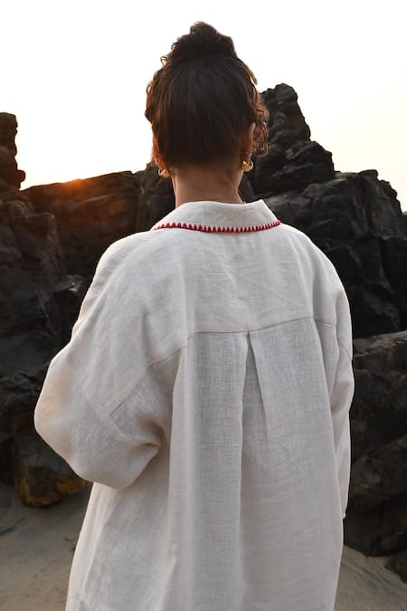 Shop Nirvanaa Beige Linen Embroidery Collared Irena Shirt Online at Aza Fashions Shop Nirvanaa_Beige Linen Embroidery Collared Irena Shirt _Online_at_Aza_Fashions