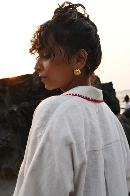 Buy Shop Nirvanaa Beige Linen Embroidery Collared Irena Shirt Online at Aza Fashions Buy_Shop Nirvanaa_Beige Linen Embroidery Collared Irena Shirt _Online_at_Aza_Fashions