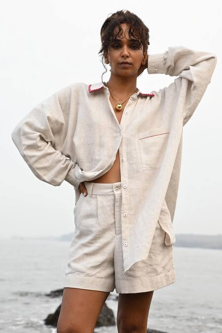 Shop Nirvanaa Beige Linen Willow Shorts Online at Aza Fashions Shop Nirvanaa_Beige Linen Willow Shorts _Online_at_Aza_Fashions