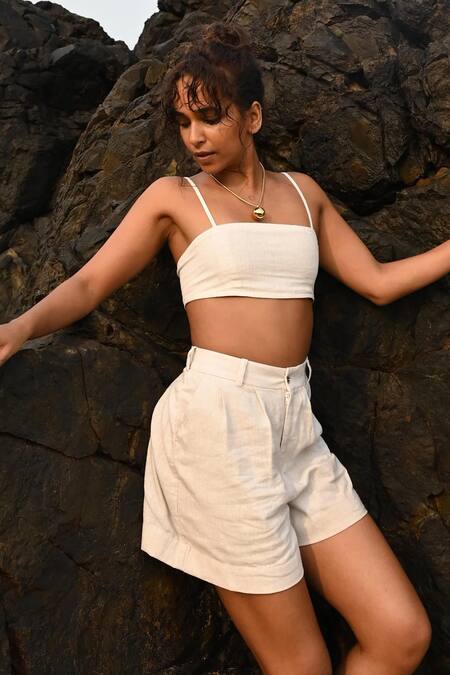 Buy Shop Nirvanaa Beige Linen Willow Shorts Online at Aza Fashions Buy_Shop Nirvanaa_Beige Linen Willow Shorts _Online_at_Aza_Fashions