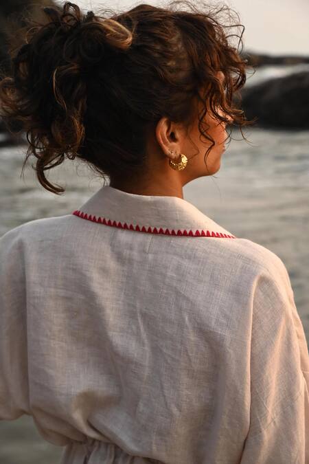 Shop Nirvanaa_Beige Linen Embroidery Collared Jade Shirt _Online_at_Aza_Fashions