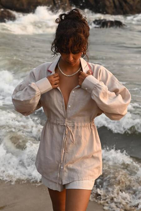 Buy_Shop Nirvanaa_Beige Linen Embroidery Collared Jade Shirt _Online_at_Aza_Fashions