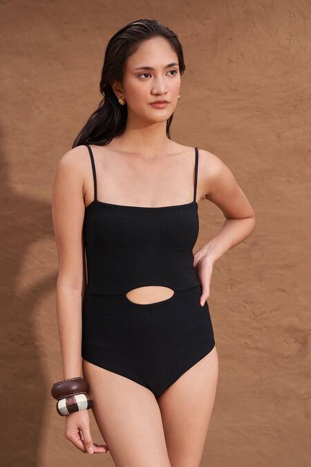 Shop Nirvanaa_Black Polyester Square Neck Eza Cut-out Detailed Monokini _Online_at_Aza_Fashions