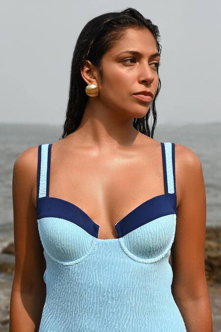 Shop Nirvanaa_Blue Polyester Sweetheart Neck Blake Contrast Hem Monokini _Online_at_Aza_Fashions