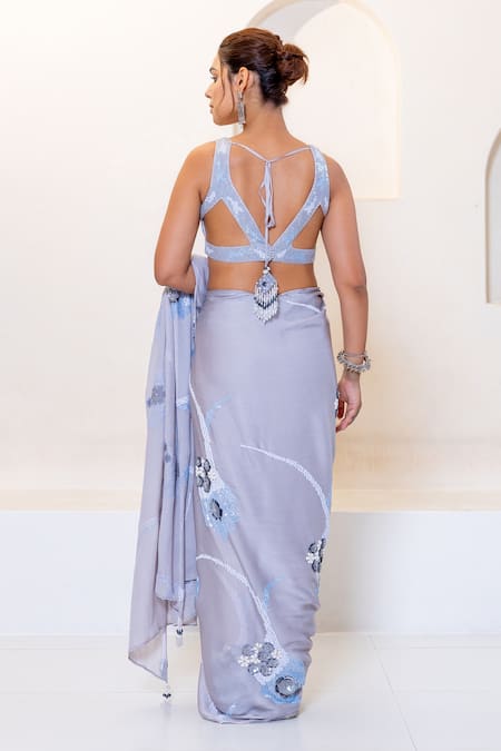 Shop Shruti Sancheti Grey Chiffon Sequins V-neck Embroidered Saree With Blouse at Aza Fashions Shop_Shruti Sancheti_Grey Chiffon Sequins V-neck Embroidered Saree With Blouse _at_Aza_Fashions