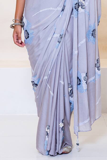 Shruti Sancheti Grey Chiffon Sequins V-neck Embroidered Saree With Blouse Online at Aza Fashions Shruti Sancheti_Grey Chiffon Sequins V-neck Embroidered Saree With Blouse _Online_at_Aza_Fashions