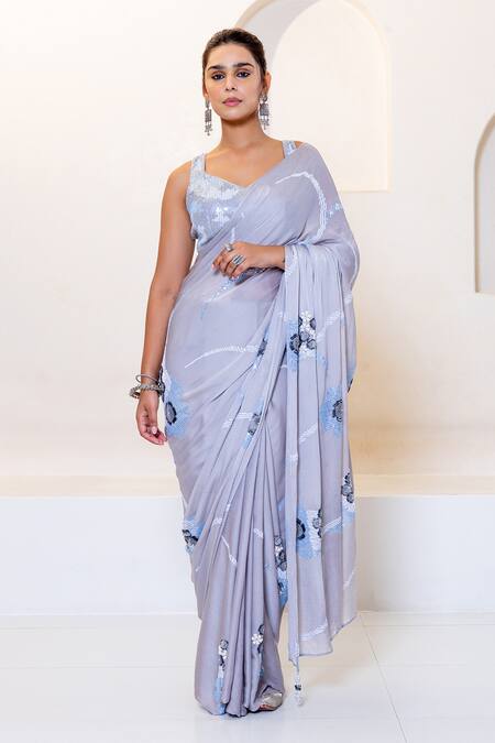 Buy Shruti Sancheti Grey Chiffon Sequins V-neck Embroidered Saree With Blouse Online at Aza Fashions Buy_Shruti Sancheti_Grey Chiffon Sequins V-neck Embroidered Saree With Blouse _Online_at_Aza_Fashions