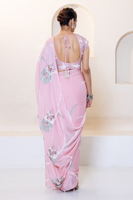 Shop Shruti Sancheti Pink Chiffon Sequins Round Neck Floral Embroidered Saree With Blouse at Aza Fashions Shop_Shruti Sancheti_Pink Chiffon Sequins Round Neck Floral Embroidered Saree With Blouse _at_Aza_Fashions