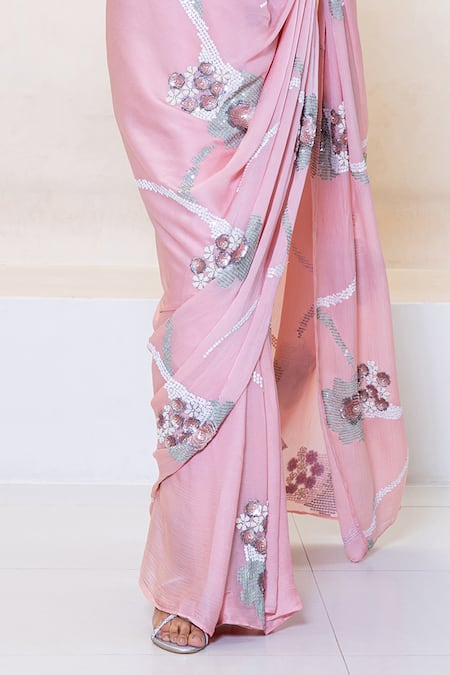 Buy Shruti Sancheti Pink Chiffon Sequins Round Neck Floral Embroidered Saree With Blouse Online at Aza Fashions Buy_Shruti Sancheti_Pink Chiffon Sequins Round Neck Floral Embroidered Saree With Blouse _Online_at_Aza_Fashions