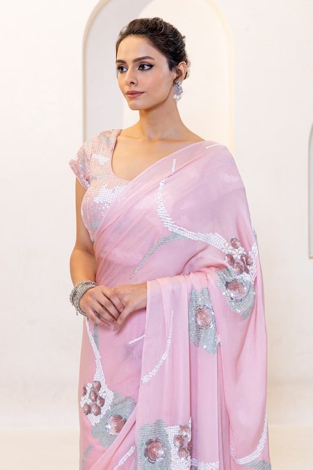 Shop Shruti Sancheti Pink Chiffon Sequins Round Neck Floral Embroidered Saree With Blouse Online at Aza Fashions Shop_Shruti Sancheti_Pink Chiffon Sequins Round Neck Floral Embroidered Saree With Blouse _Online_at_Aza_Fashions