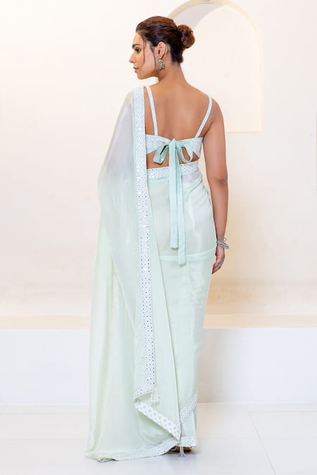 Shop Shruti Sancheti Green Silk, Hemp Mirrors Sweetheart Neck Embroidered Saree With Blouse at Aza Fashions Shop_Shruti Sancheti_Green Silk, Hemp Mirrors Sweetheart Neck Embroidered Saree With Blouse _at_Aza_Fashions