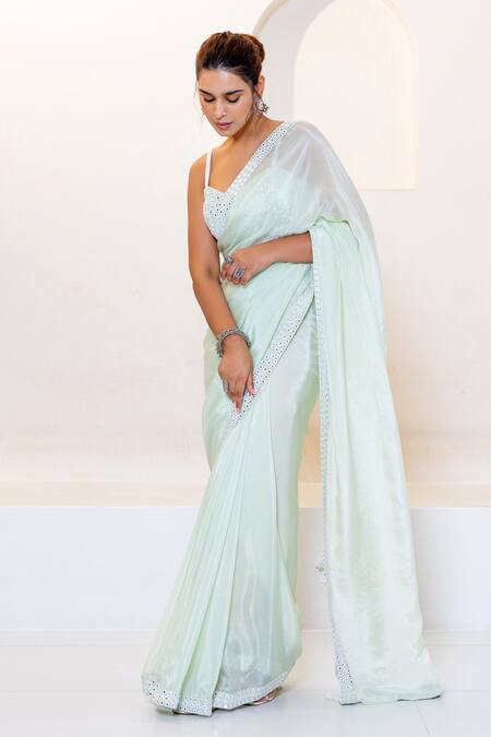 Shruti Sancheti Green Silk, Hemp Mirrors Sweetheart Neck Embroidered Saree With Blouse Online at Aza Fashions Shruti Sancheti_Green Silk, Hemp Mirrors Sweetheart Neck Embroidered Saree With Blouse _Online_at_Aza_Fashions