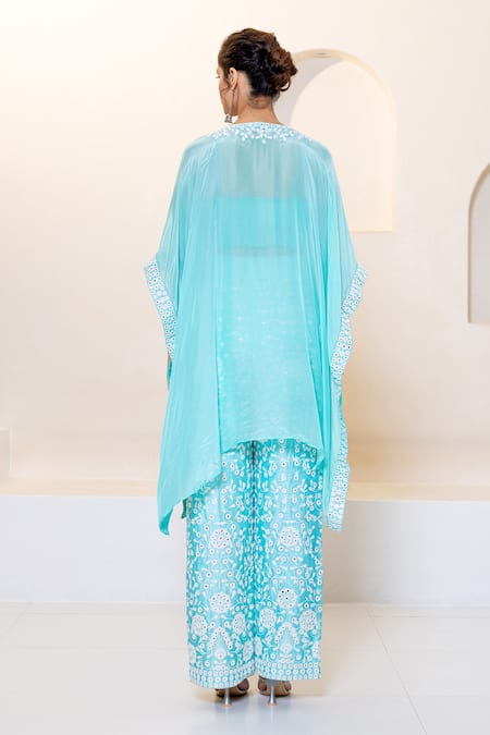 Shop Shruti Sancheti Aqua Sweetheart Neck, Mirror Embroidered Kaftan Pant Set at Aza Fashions Shop_Shruti Sancheti_Aqua Sweetheart Neck, Mirror Embroidered Kaftan Pant Set _at_Aza_Fashions