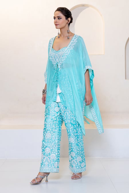 Shruti Sancheti Aqua Sweetheart Neck, Mirror Embroidered Kaftan Pant Set Online at Aza Fashions Shruti Sancheti_Aqua Sweetheart Neck, Mirror Embroidered Kaftan Pant Set _Online_at_Aza_Fashions
