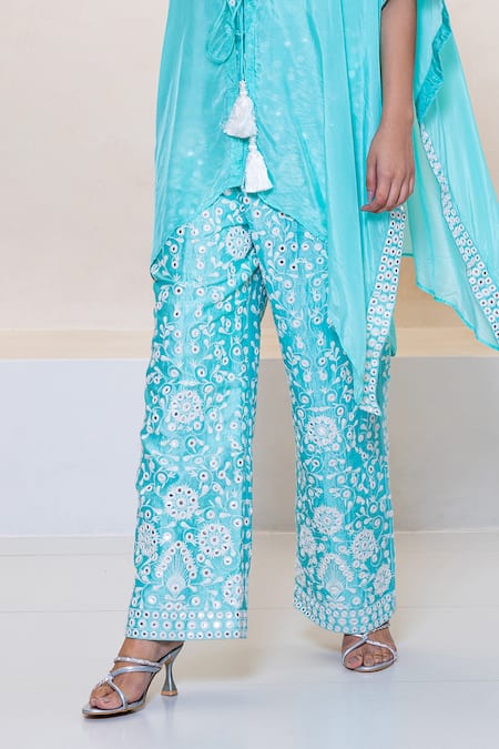 Buy Shruti Sancheti Aqua Sweetheart Neck, Mirror Embroidered Kaftan Pant Set Online at Aza Fashions Buy_Shruti Sancheti_Aqua Sweetheart Neck, Mirror Embroidered Kaftan Pant Set _Online_at_Aza_Fashions