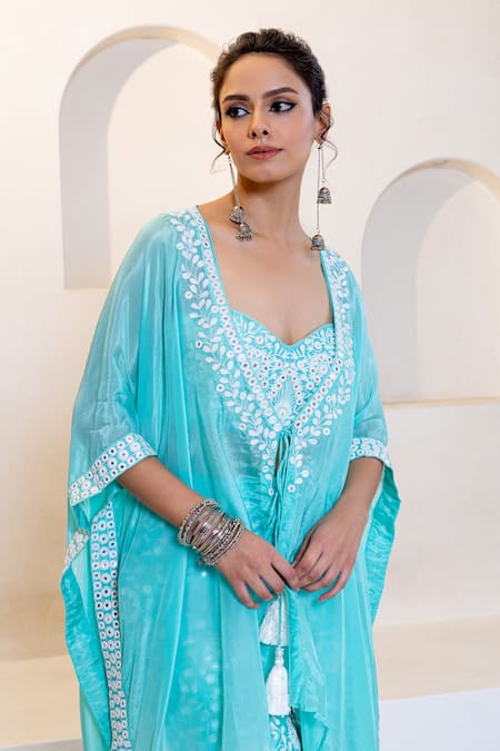 Shop Shruti Sancheti Aqua Sweetheart Neck, Mirror Embroidered Kaftan Pant Set Online at Aza Fashions Shop_Shruti Sancheti_Aqua Sweetheart Neck, Mirror Embroidered Kaftan Pant Set _Online_at_Aza_Fashions