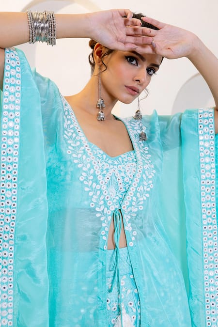 Shruti Sancheti Aqua Sweetheart Neck, Mirror Embroidered Kaftan Pant Set at Aza Fashions Shruti Sancheti_Aqua Sweetheart Neck, Mirror Embroidered Kaftan Pant Set _at_Aza_Fashions