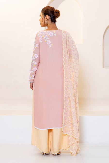 Shop_Shruti Sancheti_Peach Hemp Sequins, Lace, Embroidery Round Neck Floral Placement Kurta Set _at_Aza_Fashions