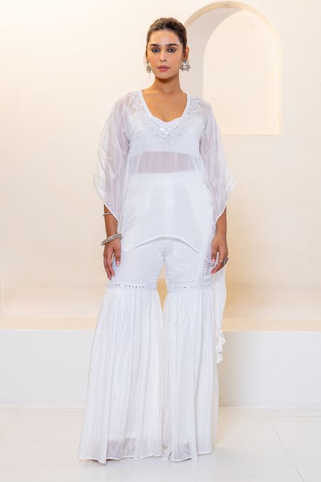 Shruti Sancheti White Habotai Embroidered Mirror Bustier Sweetheart Kaftan Sharara Set 