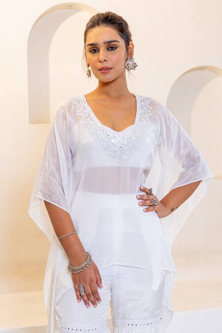 Shop Shruti Sancheti White Hemp, Silk Tassels, Mirrors, Embroidery V-neck, Kaftan Sharara Set Online at Aza Fashions Shop_Shruti Sancheti_White Hemp, Silk Tassels, Mirrors, Embroidery V-neck, Kaftan Sharara Set _Online_at_Aza_Fashions
