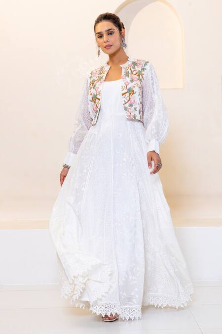 Shruti Sancheti White Habotai Embroidered Floral Jacket Open Motif With Maxi Dress  3