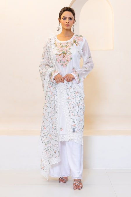 Shruti Sancheti White Habotai Embroidered Floral Round Kurta Set 