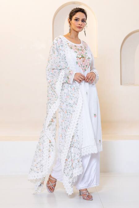 Shop Shruti Sancheti White Hemp, Silk Embroidery, Lace Round Neck Floral Kurta Set Online at Aza Fashions Shop_Shruti Sancheti_White Hemp, Silk Embroidery, Lace Round Neck Floral Kurta Set _Online_at_Aza_Fashions