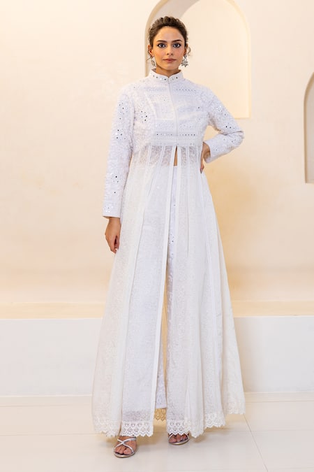 Shruti Sancheti White Raw Silk And Habotai Embroidered Mirror Collared Anarkali And Pant Set 