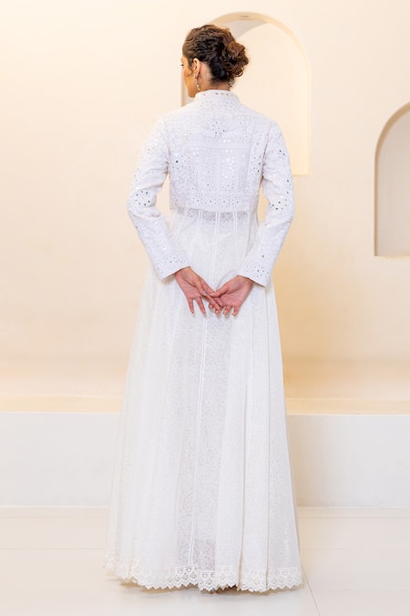 Shop_Shruti Sancheti_White Silk Mirrors Collared Embroidered Anarkali And Pant Set _at_Aza_Fashions