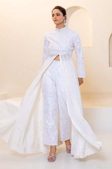 Buy_Shruti Sancheti_White Silk Mirrors Collared Embroidered Anarkali And Pant Set _Online_at_Aza_Fashions