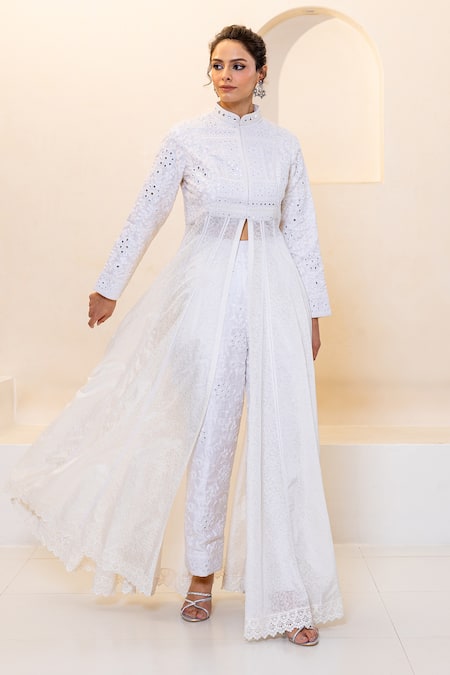 Shop_Shruti Sancheti_White Silk Mirrors Collared Embroidered Anarkali And Pant Set _Online_at_Aza_Fashions