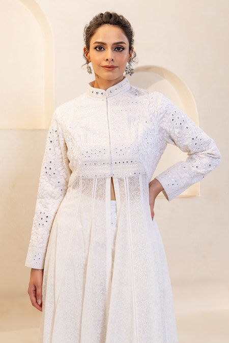 Shruti Sancheti_White Silk Mirrors Collared Embroidered Anarkali And Pant Set _at_Aza_Fashions
