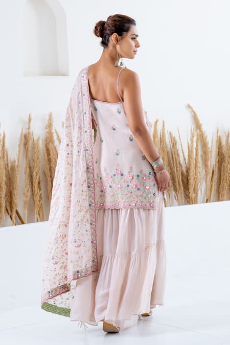 Shop Shruti Sancheti Beige Silk Beads, Embroidery Scoop Neck 3d Floral Print Kurta Sharara Set at Aza Fashions Shop_Shruti Sancheti_Beige Silk Beads, Embroidery Scoop Neck 3d Floral Print Kurta Sharara Set _at_Aza_Fashions