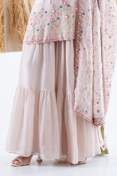 Shruti Sancheti Beige Silk Beads, Embroidery Scoop Neck 3d Floral Print Kurta Sharara Set Online at Aza Fashions Shruti Sancheti_Beige Silk Beads, Embroidery Scoop Neck 3d Floral Print Kurta Sharara Set _Online_at_Aza_Fashions