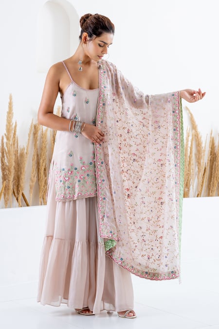 Buy Shruti Sancheti Beige Silk Beads, Embroidery Scoop Neck 3d Floral Print Kurta Sharara Set Online at Aza Fashions Buy_Shruti Sancheti_Beige Silk Beads, Embroidery Scoop Neck 3d Floral Print Kurta Sharara Set _Online_at_Aza_Fashions