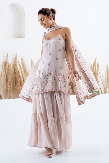Shop Shruti Sancheti Beige Silk Beads, Embroidery Scoop Neck 3d Floral Print Kurta Sharara Set Online at Aza Fashions Shop_Shruti Sancheti_Beige Silk Beads, Embroidery Scoop Neck 3d Floral Print Kurta Sharara Set _Online_at_Aza_Fashions