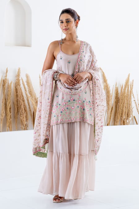 Shruti Sancheti Beige Silk Beads, Embroidery Scoop Neck 3d Floral Print Kurta Sharara Set at Aza Fashions Shruti Sancheti_Beige Silk Beads, Embroidery Scoop Neck 3d Floral Print Kurta Sharara Set _at_Aza_Fashions