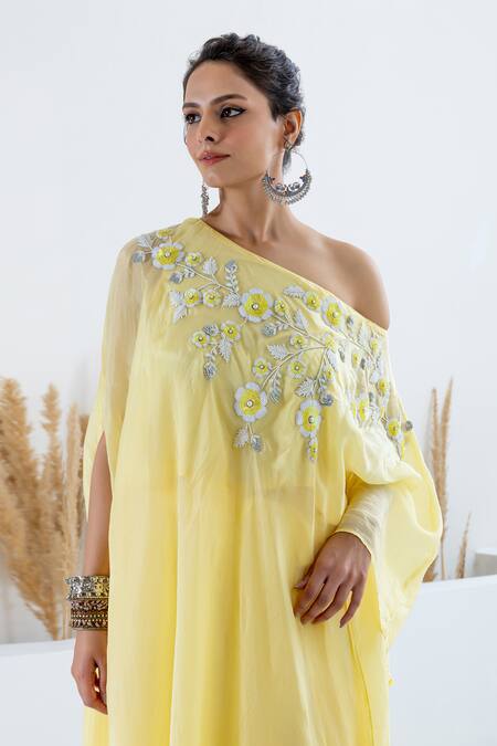 Shruti Sancheti_Yellow Silk Sequin Floral Embroidered Cape With Skirt _Online_at_Aza_Fashions
