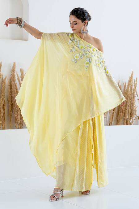 Buy_Shruti Sancheti_Yellow Silk Sequin Floral Embroidered Cape With Skirt _Online_at_Aza_Fashions