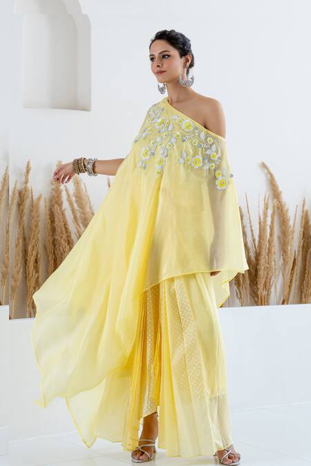 Shop_Shruti Sancheti_Yellow Silk Sequin Floral Embroidered Cape With Skirt _Online_at_Aza_Fashions