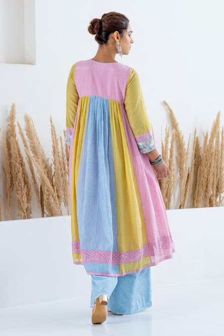 Shop Shruti Sancheti Multi Color Silk Embroidery V-neck Blocked Anarkali With Pant at Aza Fashions Shop_Shruti Sancheti_Multi Color Silk Embroidery V-neck Blocked Anarkali With Pant _at_Aza_Fashions