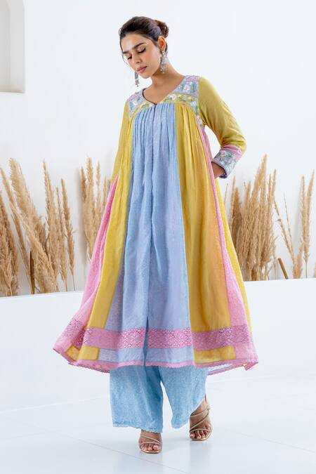 Shruti Sancheti Multi Color Silk Embroidery V-neck Blocked Anarkali With Pant Online at Aza Fashions Shruti Sancheti_Multi Color Silk Embroidery V-neck Blocked Anarkali With Pant _Online_at_Aza_Fashions