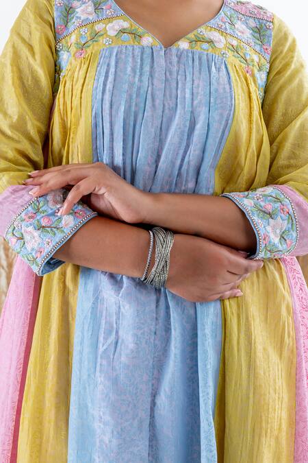 Buy Shruti Sancheti Multi Color Silk Embroidery V-neck Blocked Anarkali With Pant Online at Aza Fashions Buy_Shruti Sancheti_Multi Color Silk Embroidery V-neck Blocked Anarkali With Pant _Online_at_Aza_Fashions