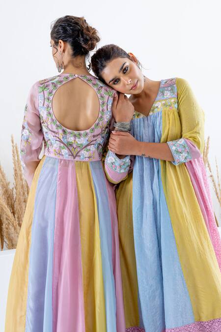 Shop Shruti Sancheti Multi Color Silk Embroidery V-neck Blocked Anarkali With Pant Online at Aza Fashions Shop_Shruti Sancheti_Multi Color Silk Embroidery V-neck Blocked Anarkali With Pant _Online_at_Aza_Fashions